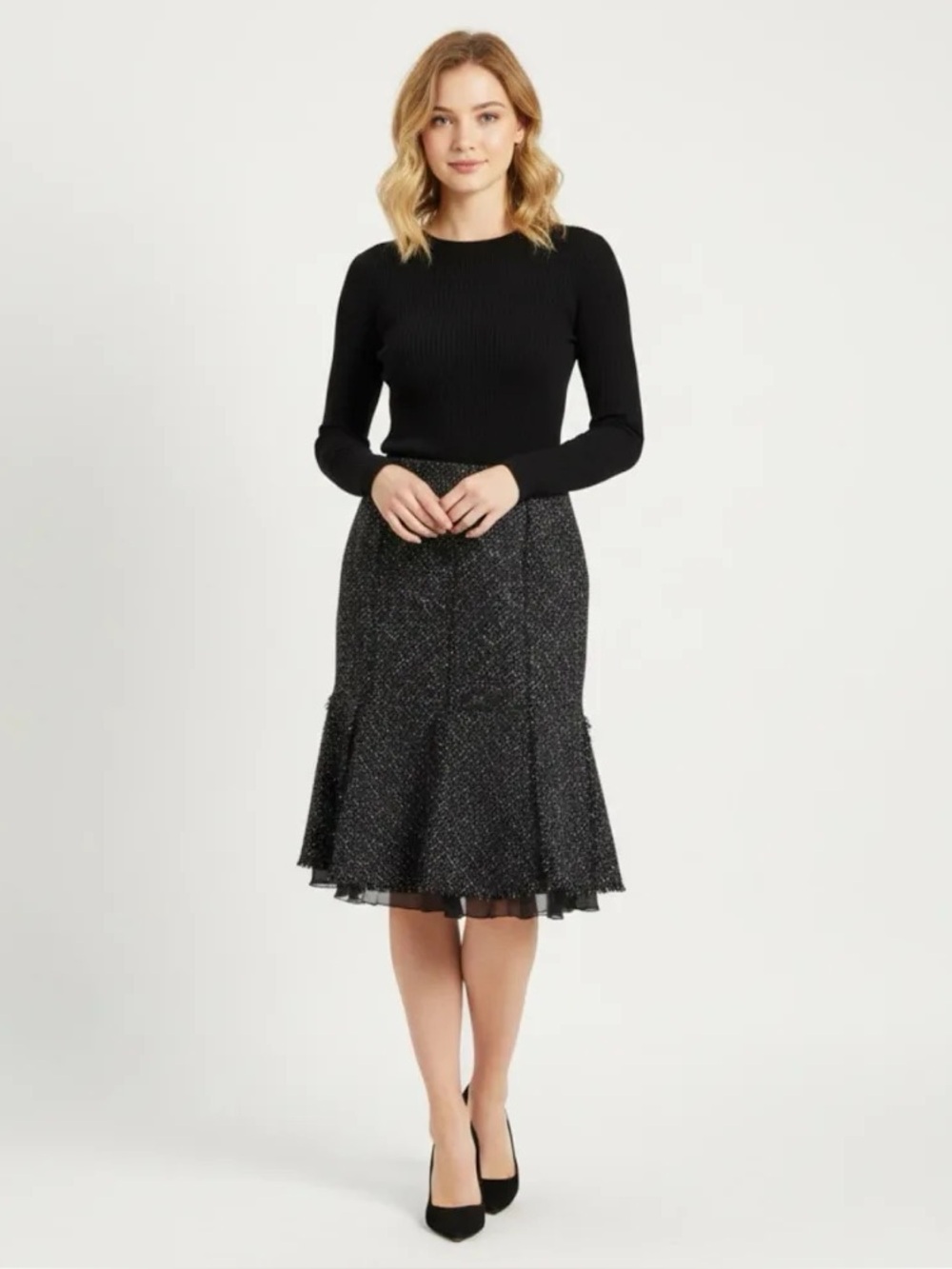 Lafayette 148 New York Tweed Layered Split Hem Midi Skirt Black 12 Pencil Flare